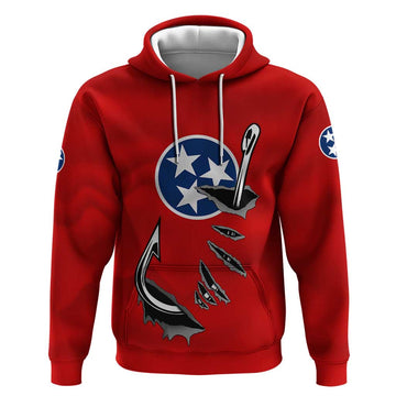 Tennessee Flag Fishing Hoodie with Ripped Hook Graphic and Triple Star Symbol in Red and Blue TS04