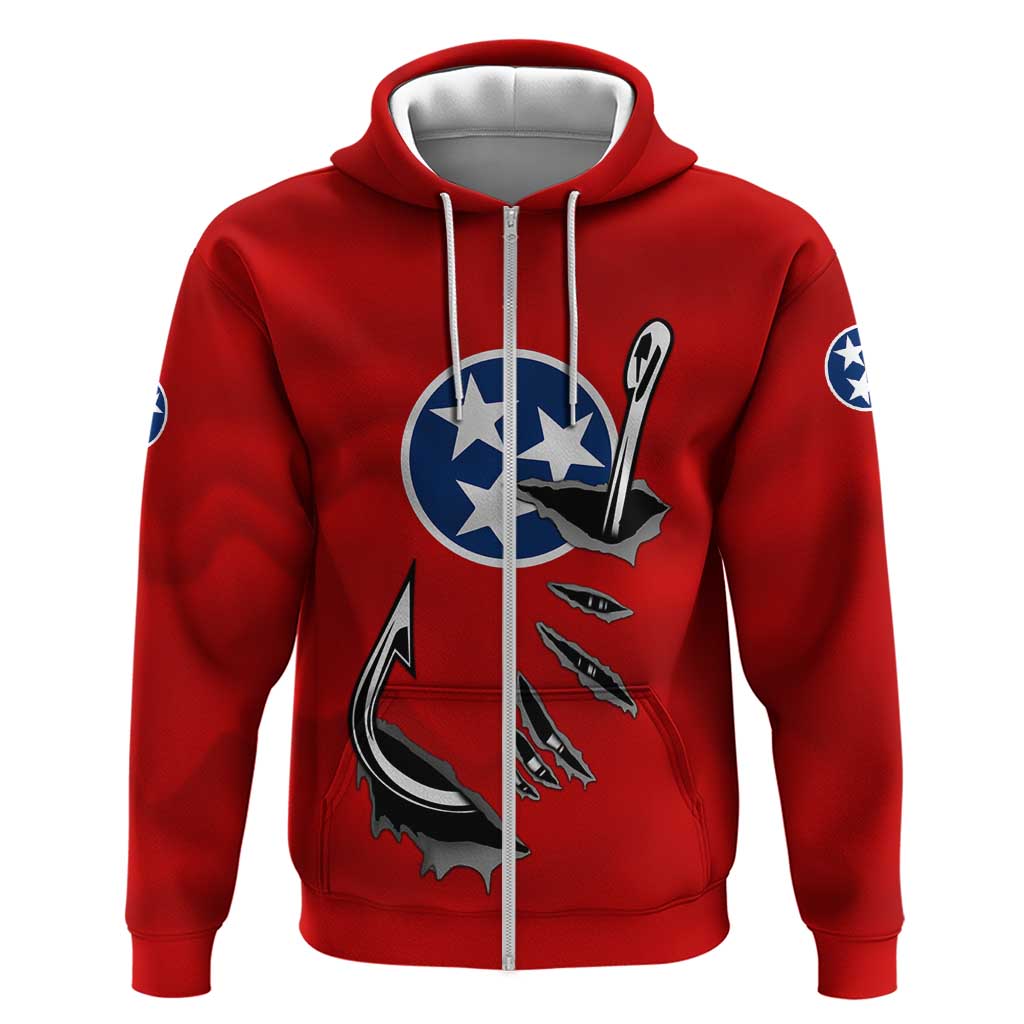 Tennessee Flag Fishing Hoodie with Ripped Hook Graphic and Triple Star Symbol in Red and Blue TS04