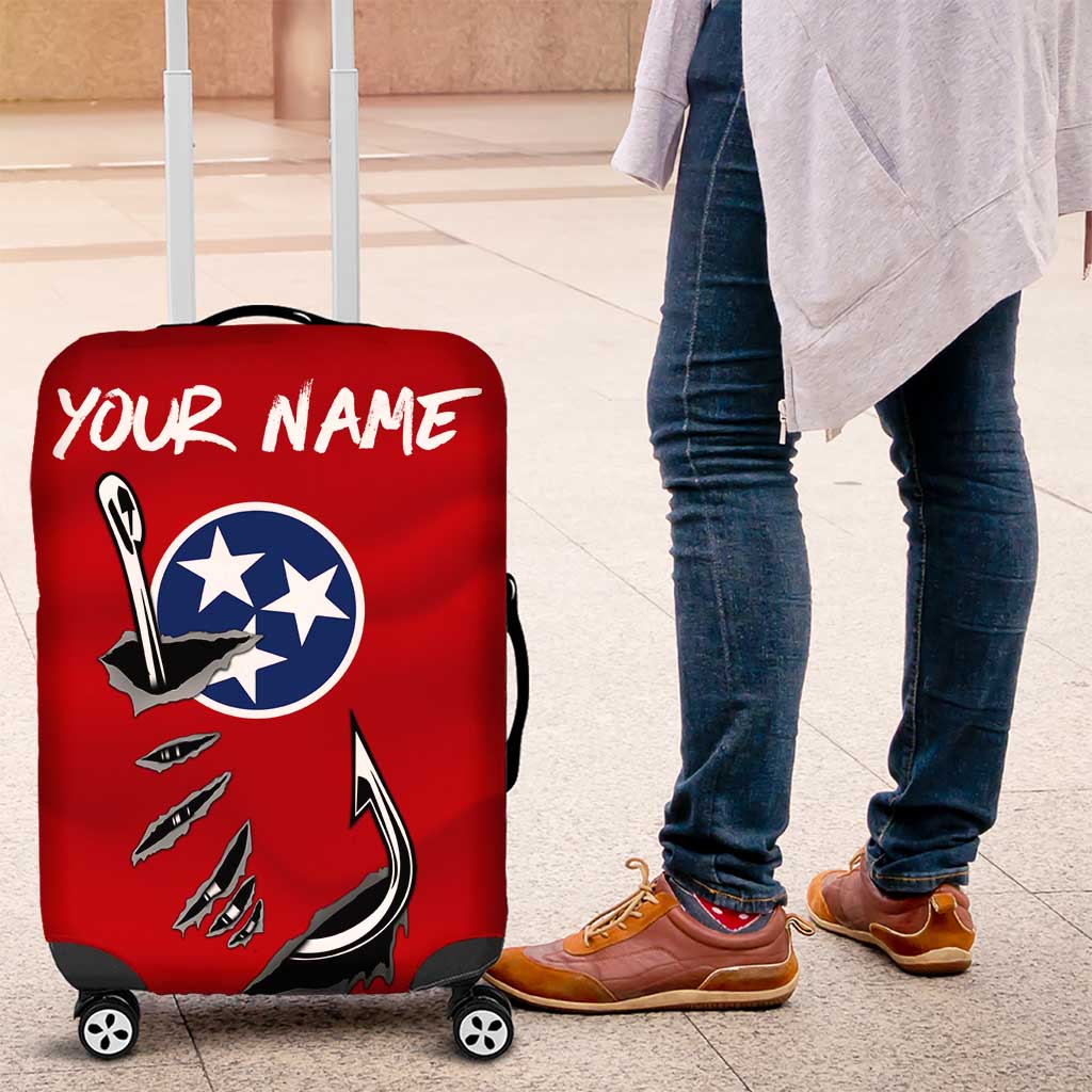 Tennessee Flag Fishing Luggage Cover with Ripped Hook Graphic and Triple Star Symbol in Red and Blue TS04