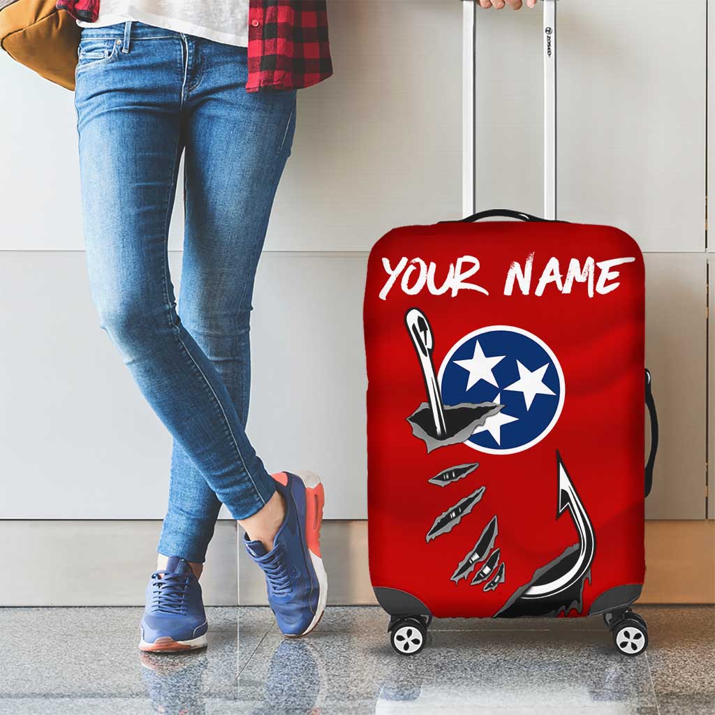 Tennessee Flag Fishing Luggage Cover with Ripped Hook Graphic and Triple Star Symbol in Red and Blue TS04