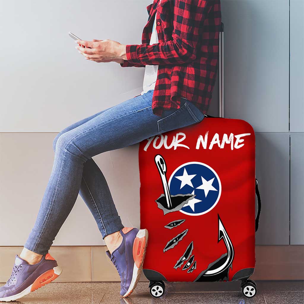 Tennessee Flag Fishing Luggage Cover with Ripped Hook Graphic and Triple Star Symbol in Red and Blue TS04
