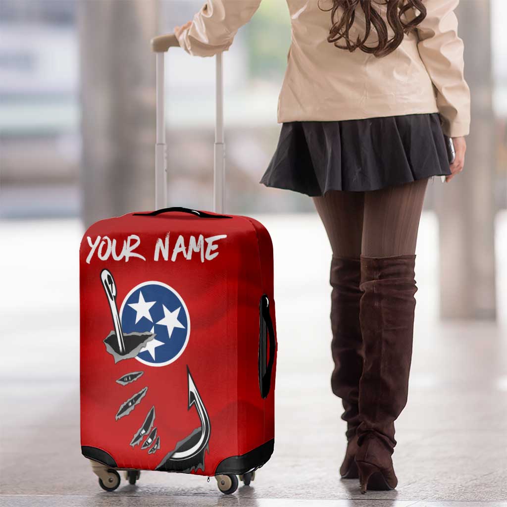 Tennessee Flag Fishing Luggage Cover with Ripped Hook Graphic and Triple Star Symbol in Red and Blue TS04