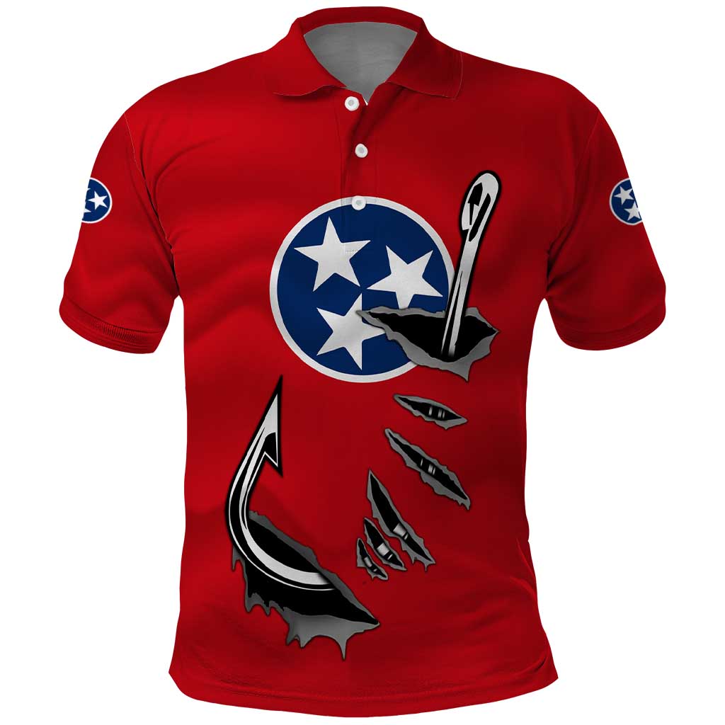 Tennessee Flag Fishing Polo Shirt with Ripped Hook Graphic and Triple Star Symbol in Red and Blue TS04