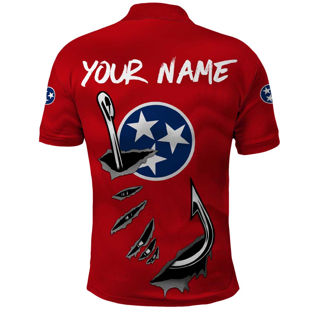 Tennessee Flag Fishing Polo Shirt with Ripped Hook Graphic and Triple Star Symbol in Red and Blue TS04