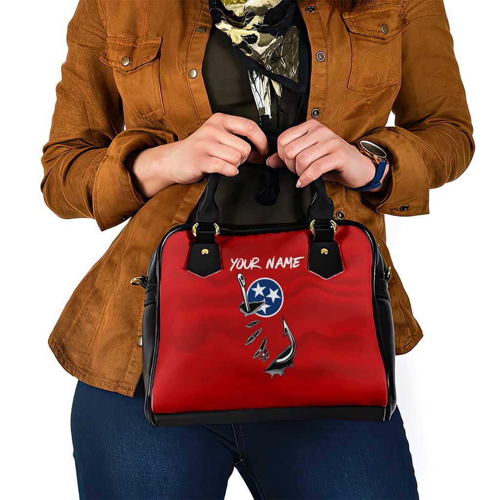 Tennessee Flag Fishing Shoulder Handbag with Ripped Hook Graphic and Triple Star Symbol in Red and Blue TS04
