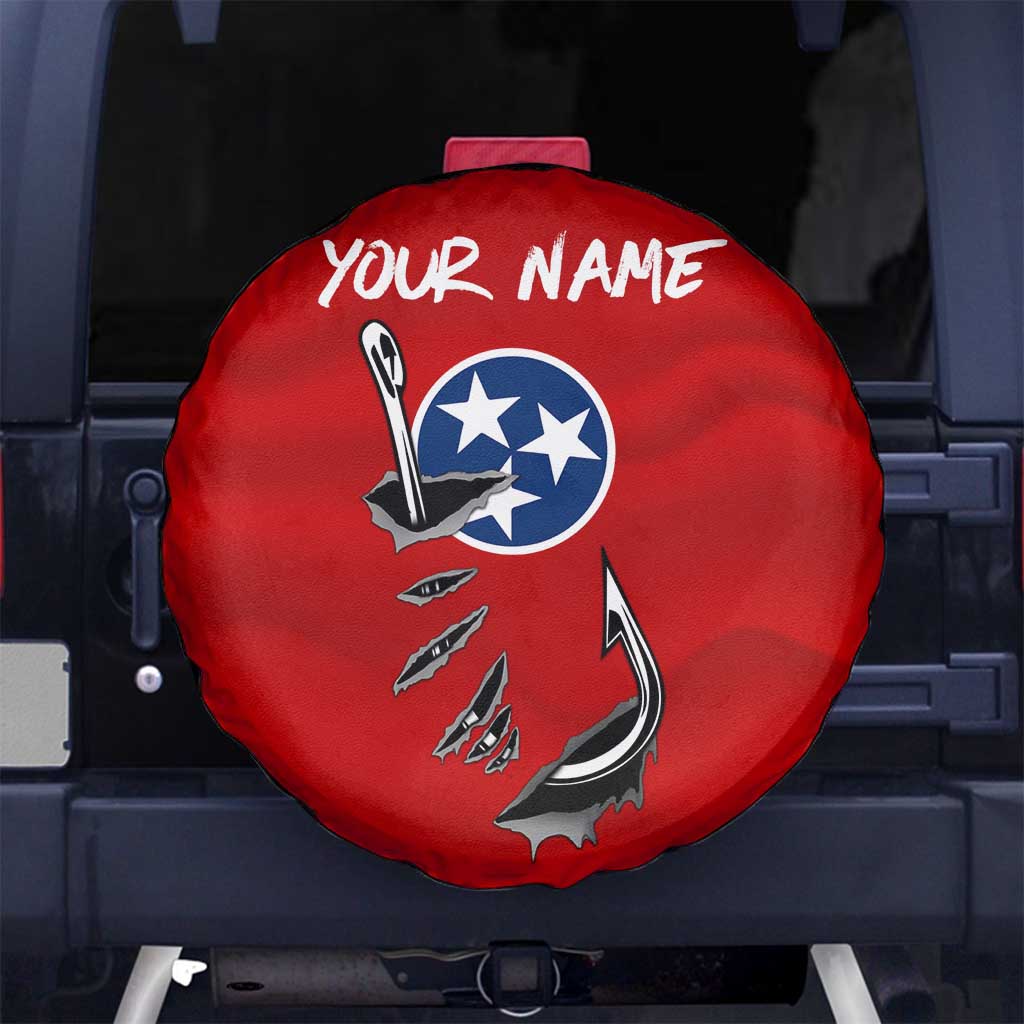 Tennessee Flag Fishing Spare Tire Cover with Ripped Hook Graphic and Triple Star Symbol in Red and Blue TS04