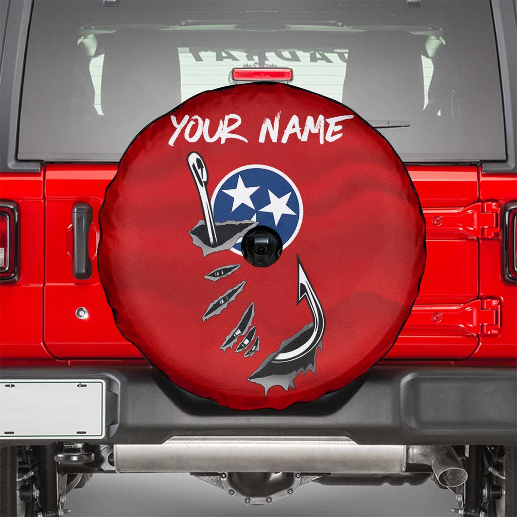 Tennessee Flag Fishing Spare Tire Cover with Ripped Hook Graphic and Triple Star Symbol in Red and Blue TS04