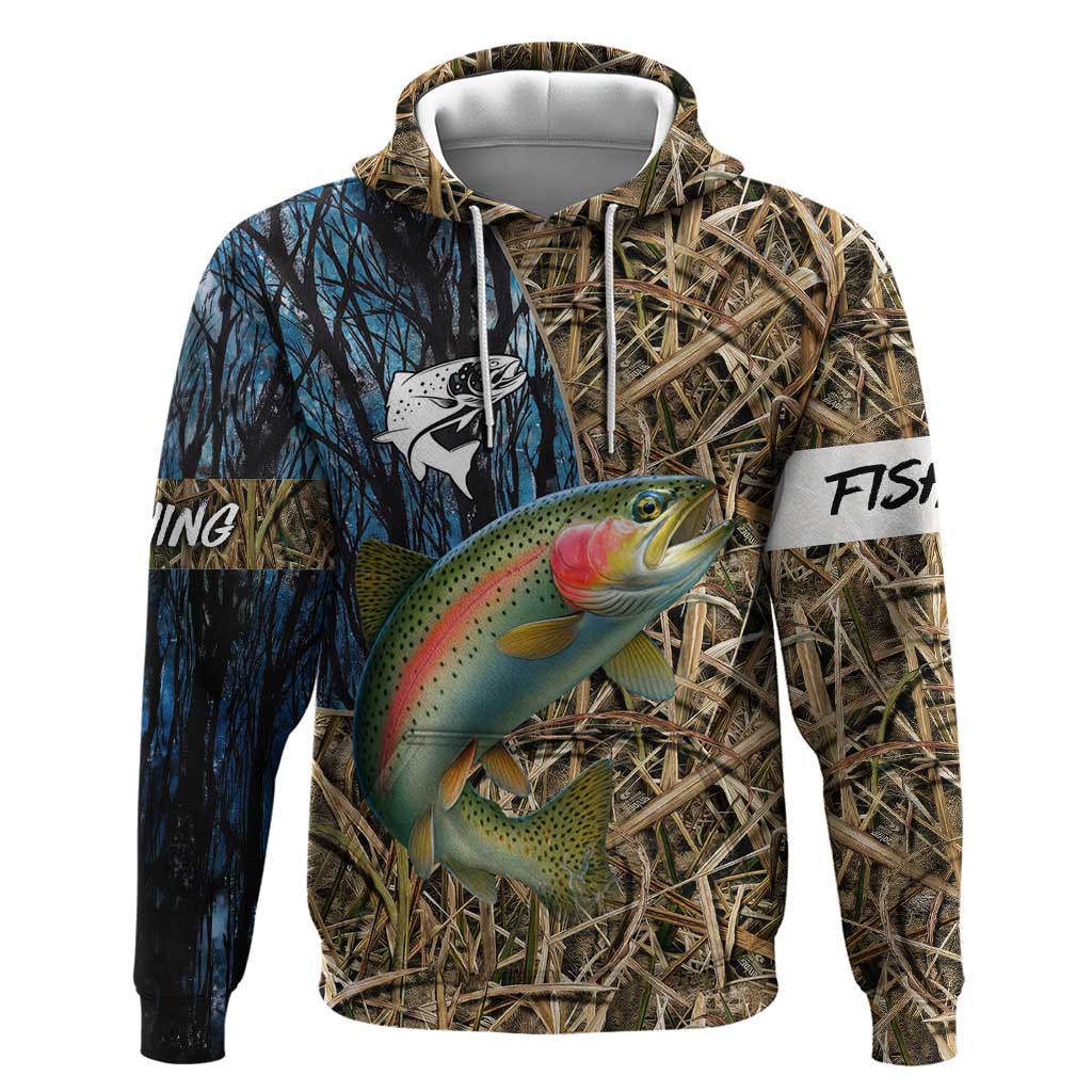 Rainbow Trout Fishing Hoodie with Camouflage Reeds and Forest Background in Nature-Inspired Colors TS04