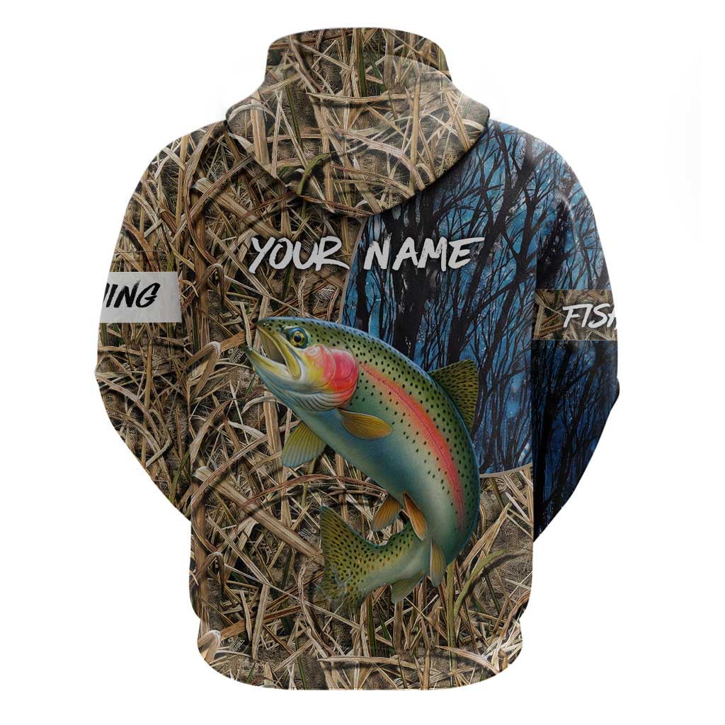 Rainbow Trout Fishing Hoodie with Camouflage Reeds and Forest Background in Nature-Inspired Colors TS04