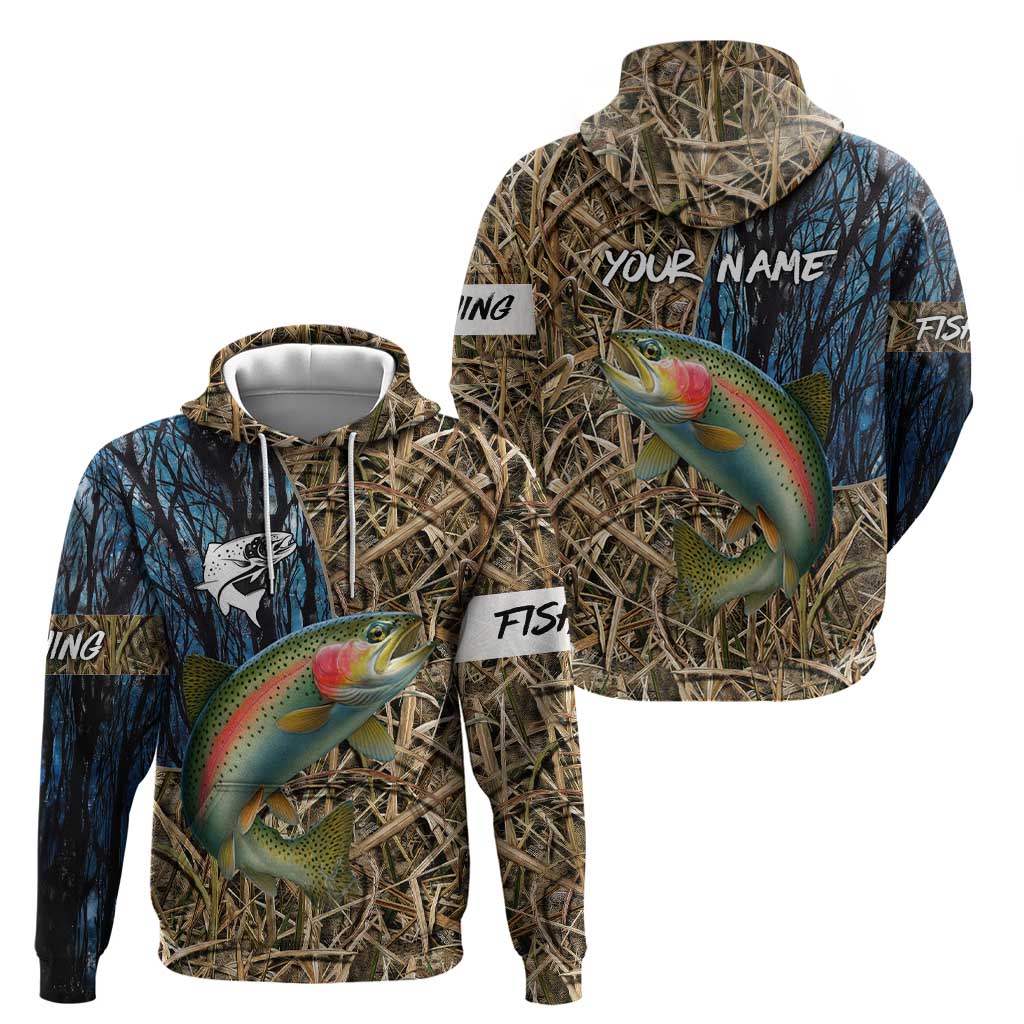 Rainbow Trout Fishing Hoodie with Camouflage Reeds and Forest Background in Nature-Inspired Colors TS04