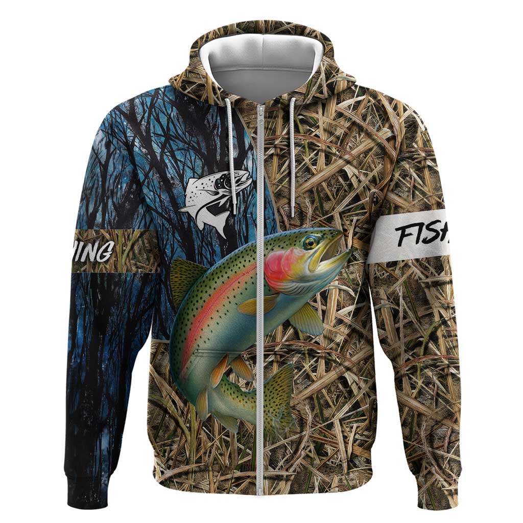 Rainbow Trout Fishing Hoodie with Camouflage Reeds and Forest Background in Nature-Inspired Colors TS04