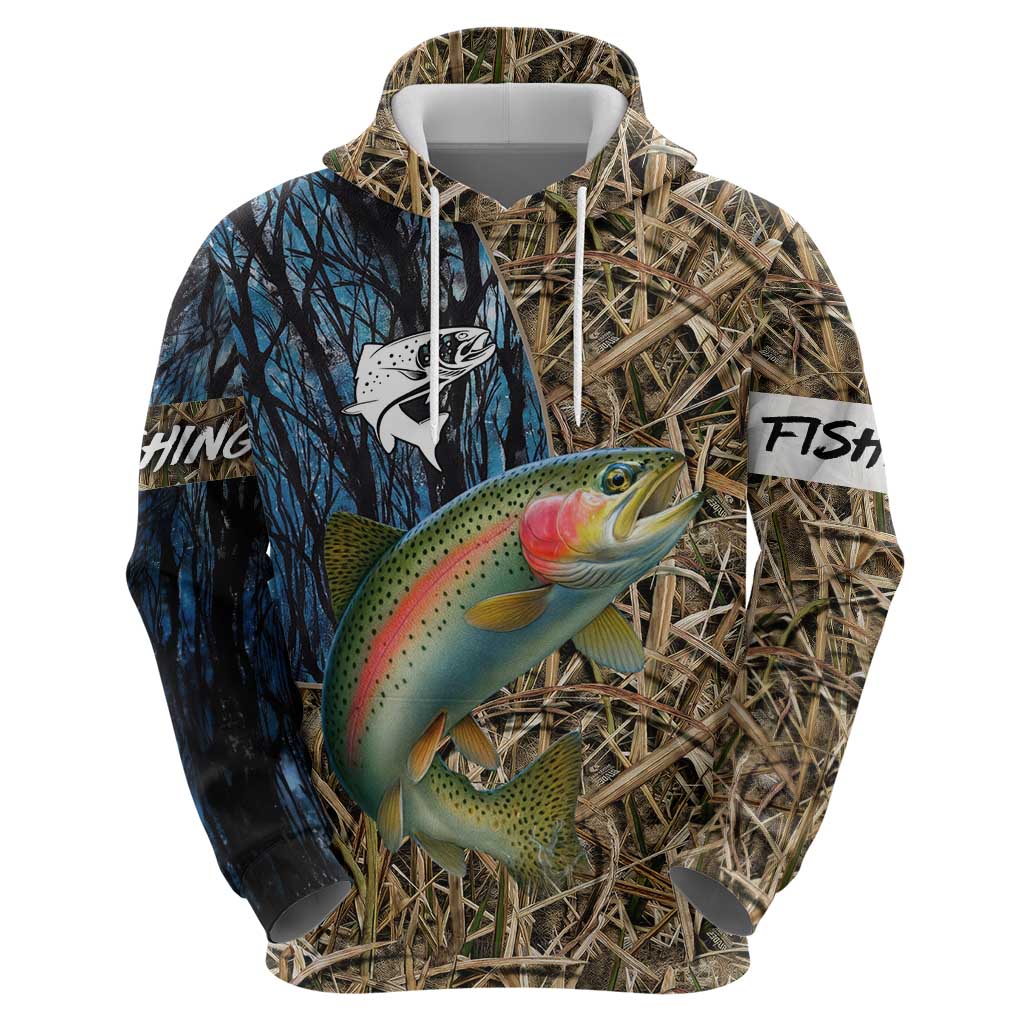 Rainbow Trout Fishing Hoodie with Camouflage Reeds and Forest Background in Nature-Inspired Colors TS04
