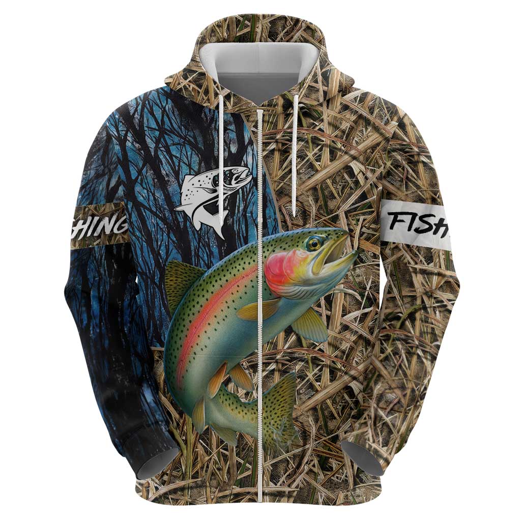 Rainbow Trout Fishing Hoodie with Camouflage Reeds and Forest Background in Nature-Inspired Colors TS04