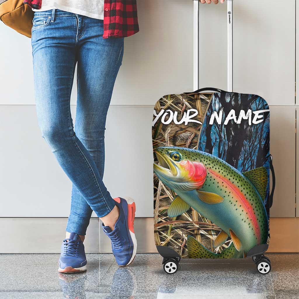 Rainbow Trout Fishing Luggage Cover with Camouflage Reeds and Forest Background in Nature-Inspired Colors TS04