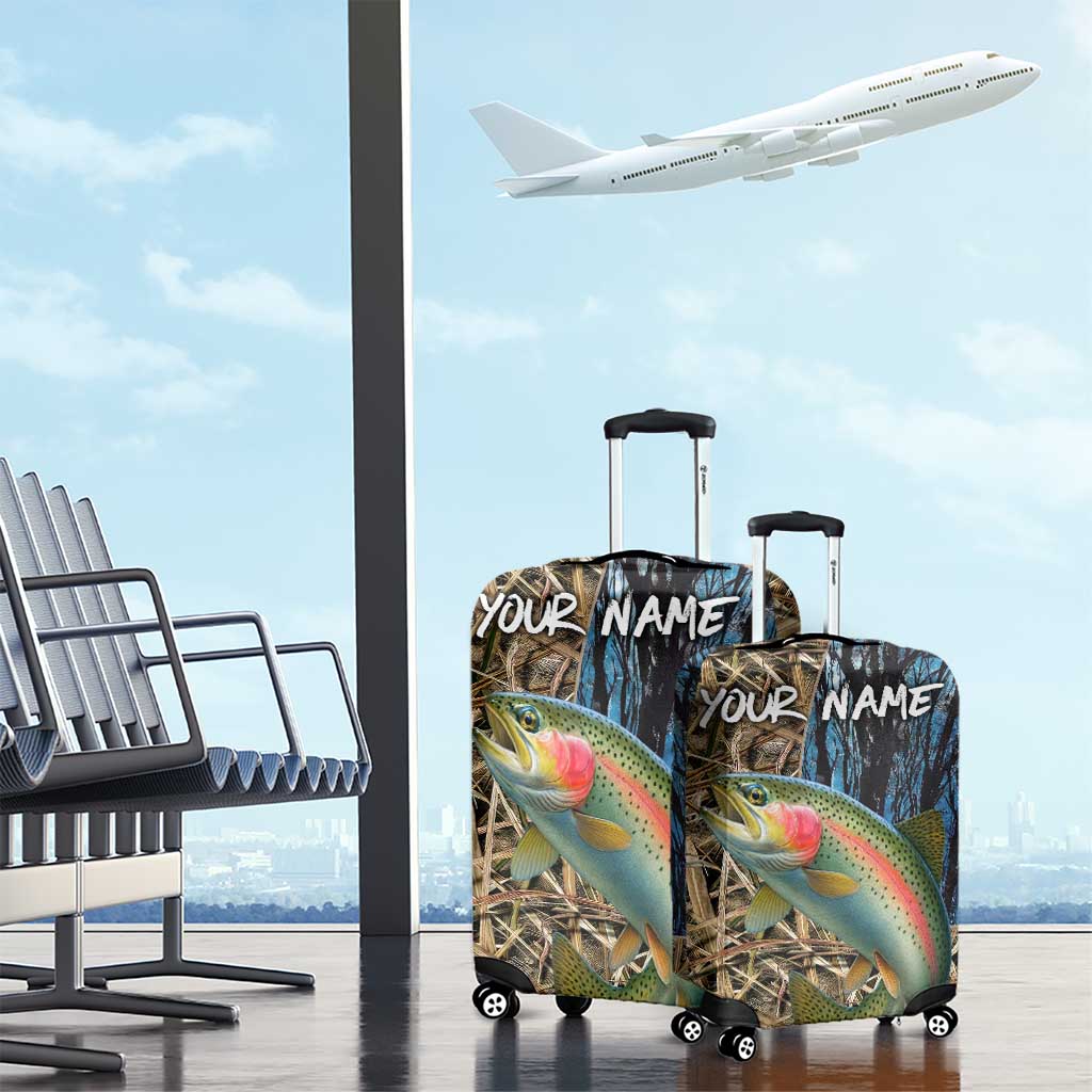 Rainbow Trout Fishing Luggage Cover with Camouflage Reeds and Forest Background in Nature-Inspired Colors TS04