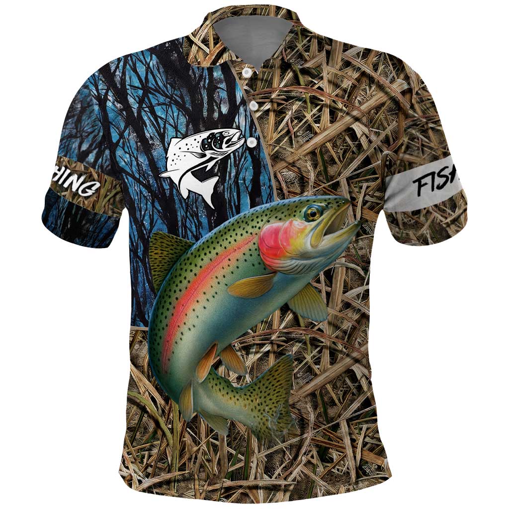 Rainbow Trout Fishing Polo Shirt with Camouflage Reeds and Forest Background in Nature-Inspired Colors TS04