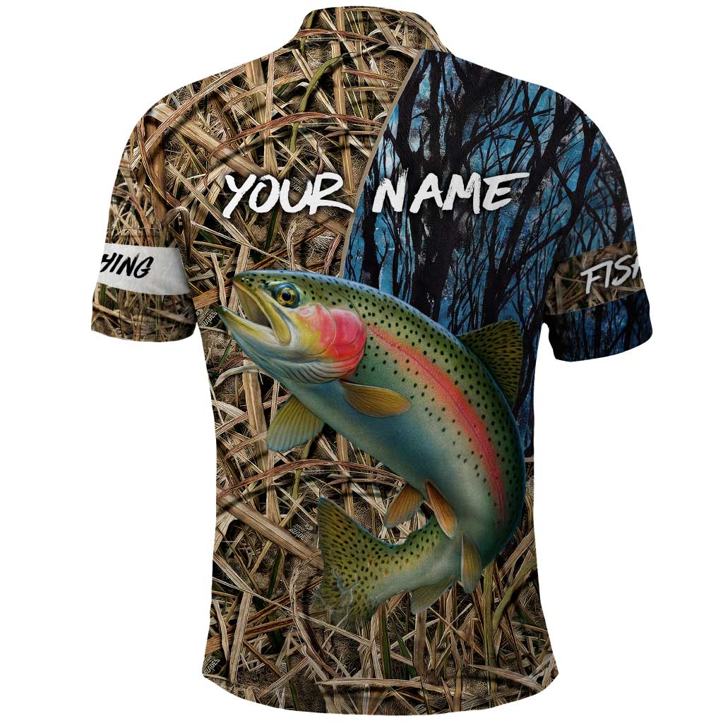 Rainbow Trout Fishing Polo Shirt with Camouflage Reeds and Forest Background in Nature-Inspired Colors TS04