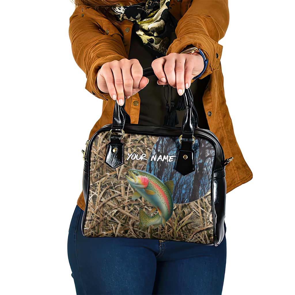 Rainbow Trout Fishing Shoulder Handbag with Camouflage Reeds and Forest Background in Nature-Inspired Colors TS04