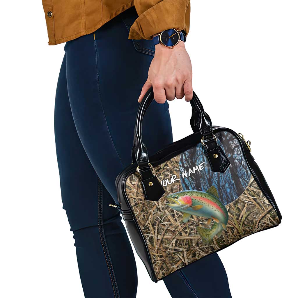 Rainbow Trout Fishing Shoulder Handbag with Camouflage Reeds and Forest Background in Nature-Inspired Colors TS04