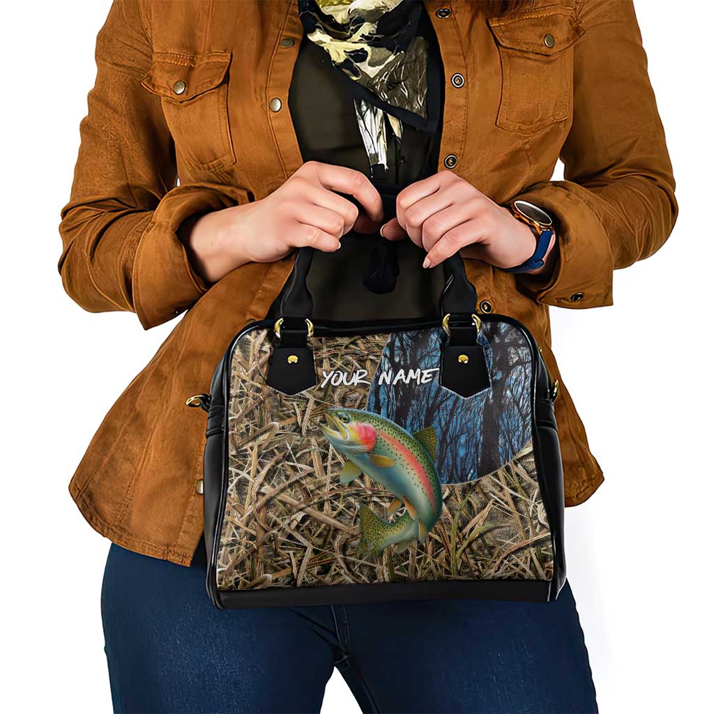 Rainbow Trout Fishing Shoulder Handbag with Camouflage Reeds and Forest Background in Nature-Inspired Colors TS04