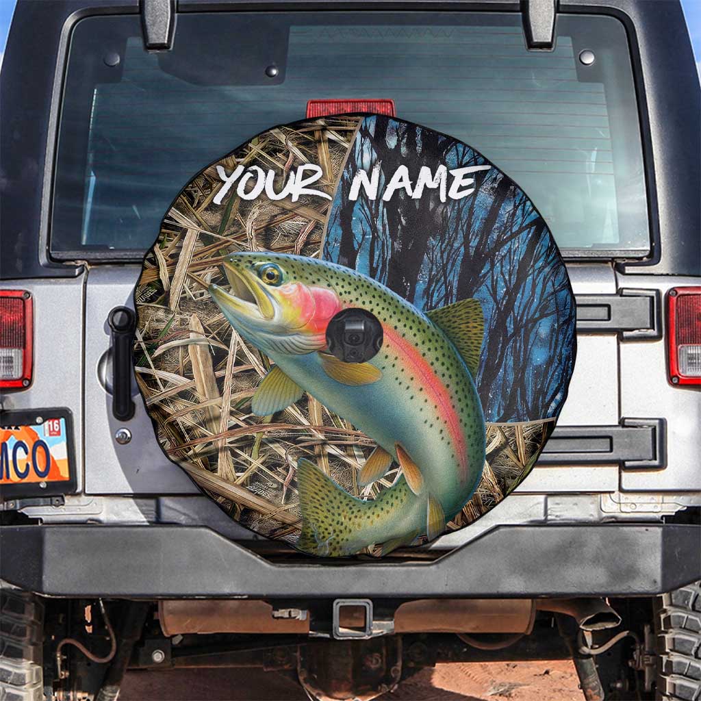 Rainbow Trout Fishing Spare Tire Cover with Camouflage Reeds and Forest Background in Nature-Inspired Colors TS04