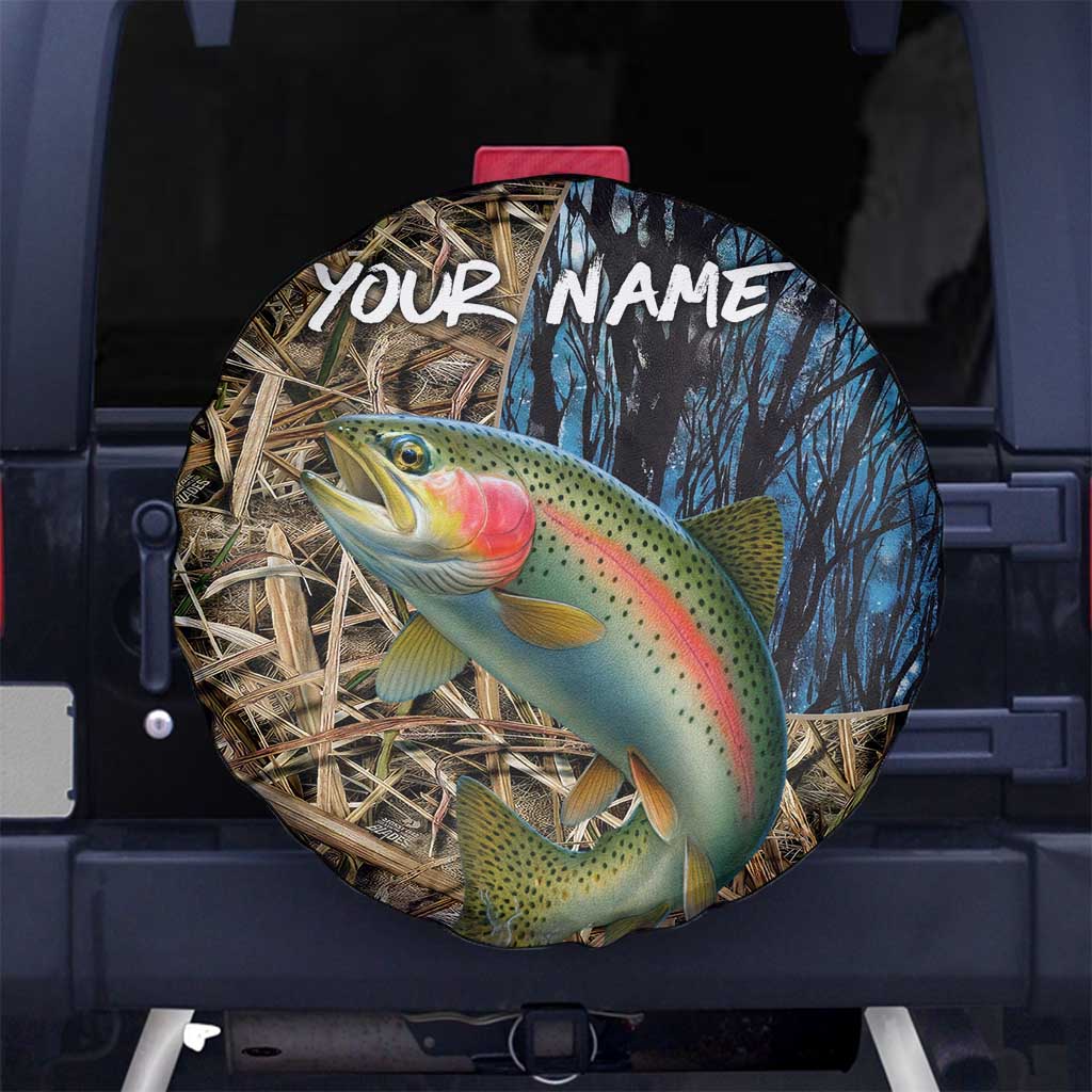 Rainbow Trout Fishing Spare Tire Cover with Camouflage Reeds and Forest Background in Nature-Inspired Colors TS04