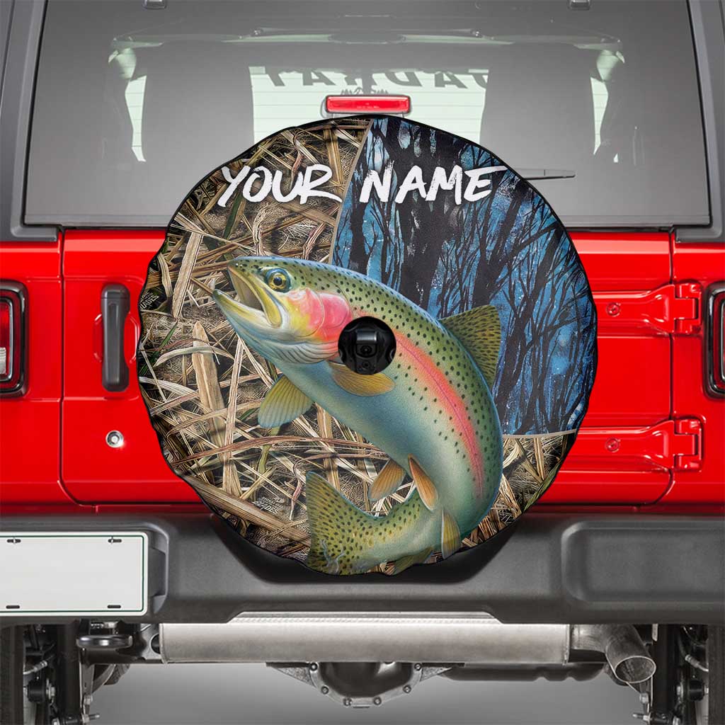 Rainbow Trout Fishing Spare Tire Cover with Camouflage Reeds and Forest Background in Nature-Inspired Colors TS04