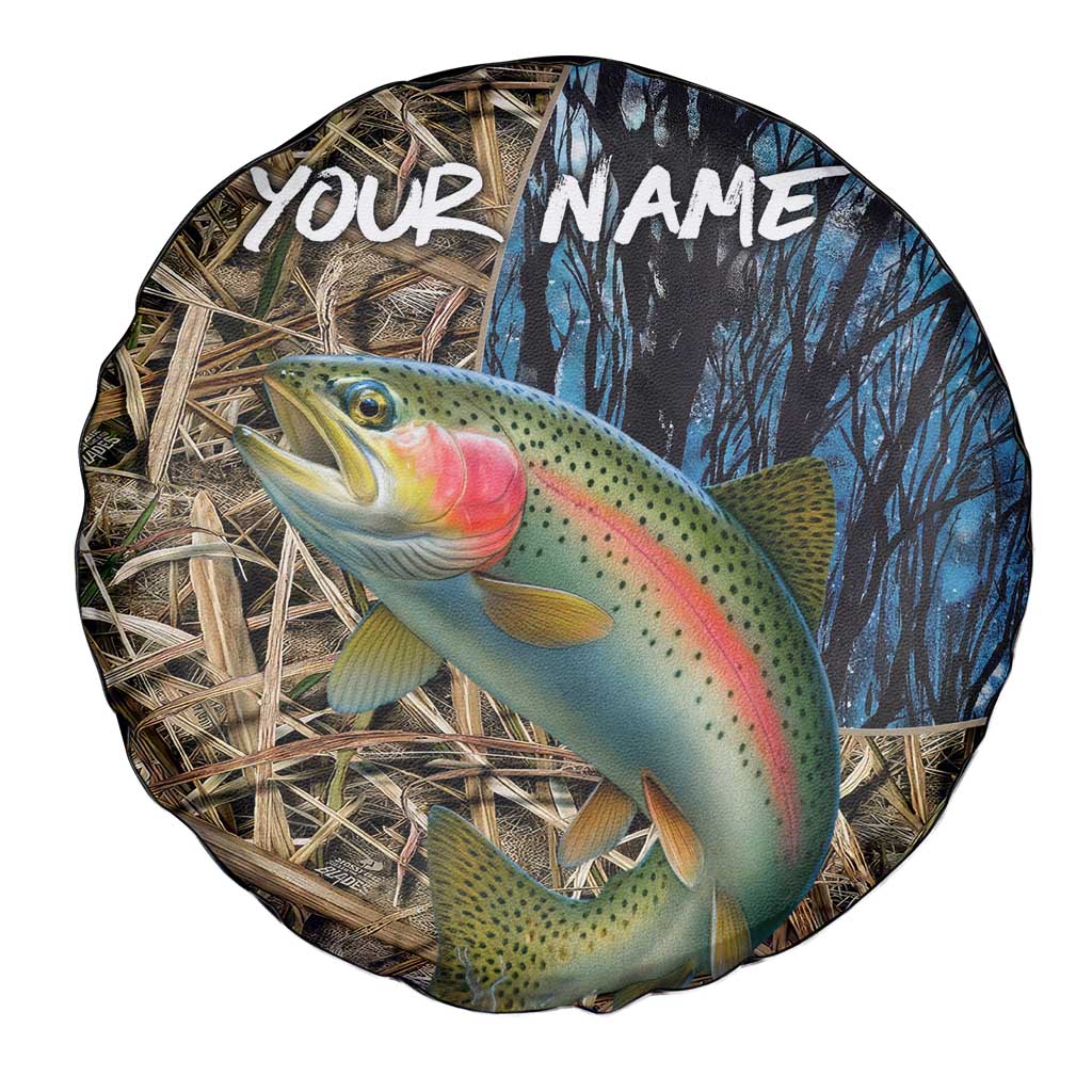 Rainbow Trout Fishing Spare Tire Cover with Camouflage Reeds and Forest Background in Nature-Inspired Colors TS04