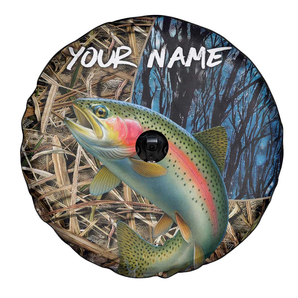 Rainbow Trout Fishing Spare Tire Cover with Camouflage Reeds and Forest Background in Nature-Inspired Colors TS04