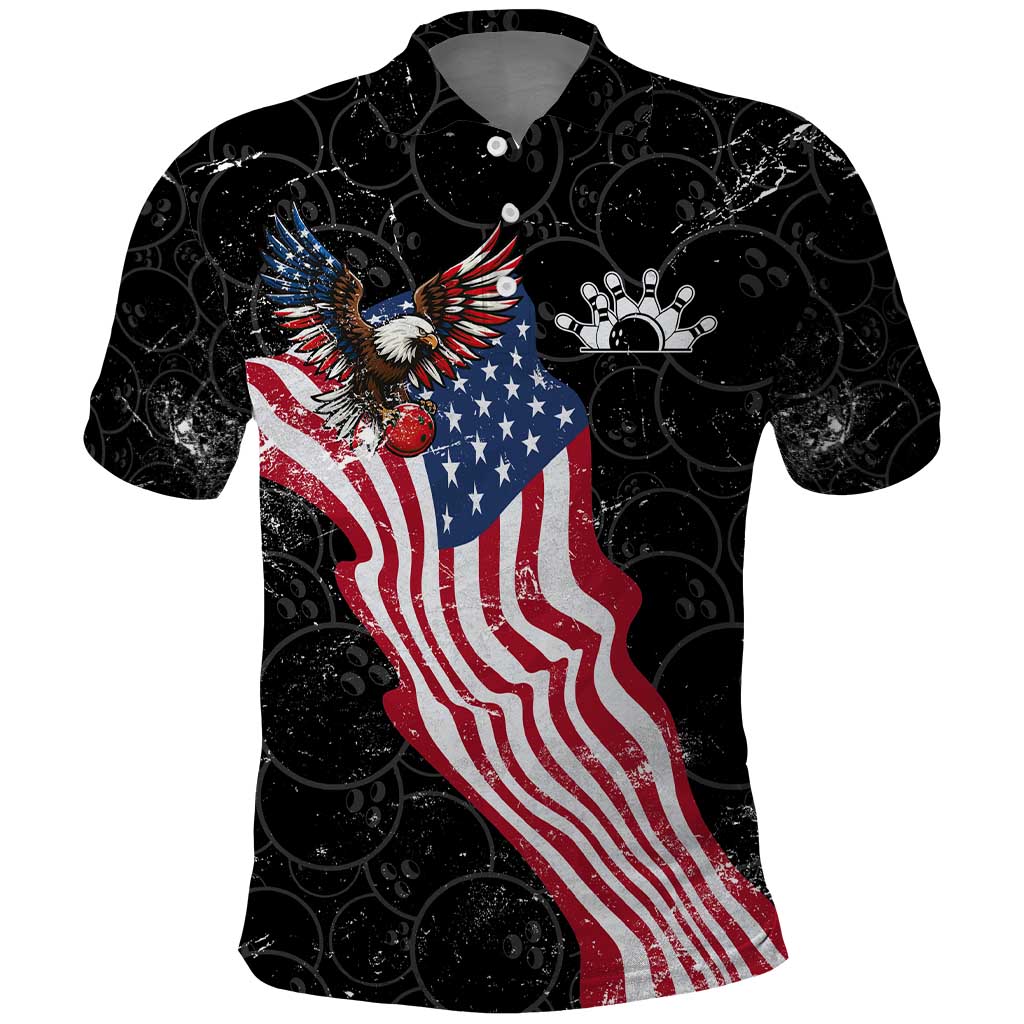 American Eagle Bowling Polo Shirt with Distressed Flag and Grunge Pattern in Red White and Blue TS04