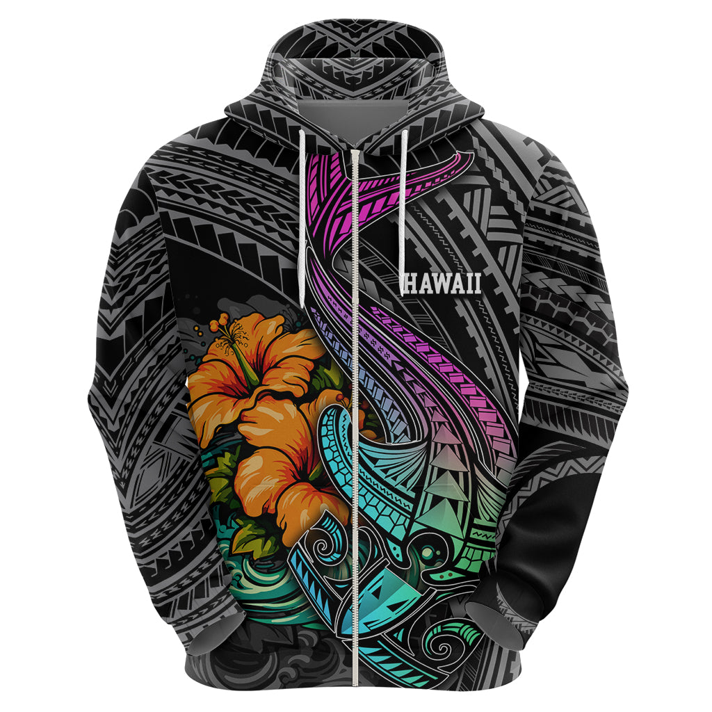 Hawaii Polynesian Hoodie with Tribal Hammerhead Sharks and Hibiscus Black TS04
