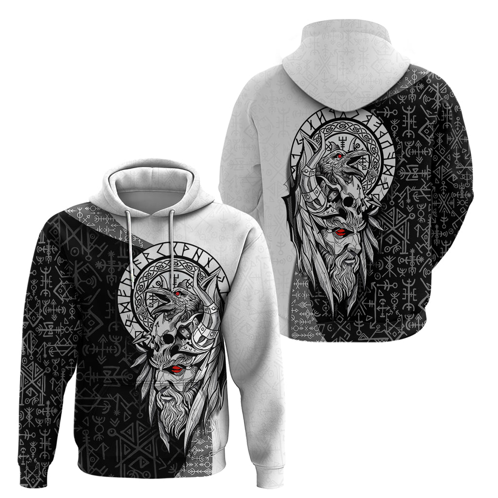 Viking Odin Hoodie Ravens of Valhalla with Helm of Awe and Ancient Rune Patterns TS04
