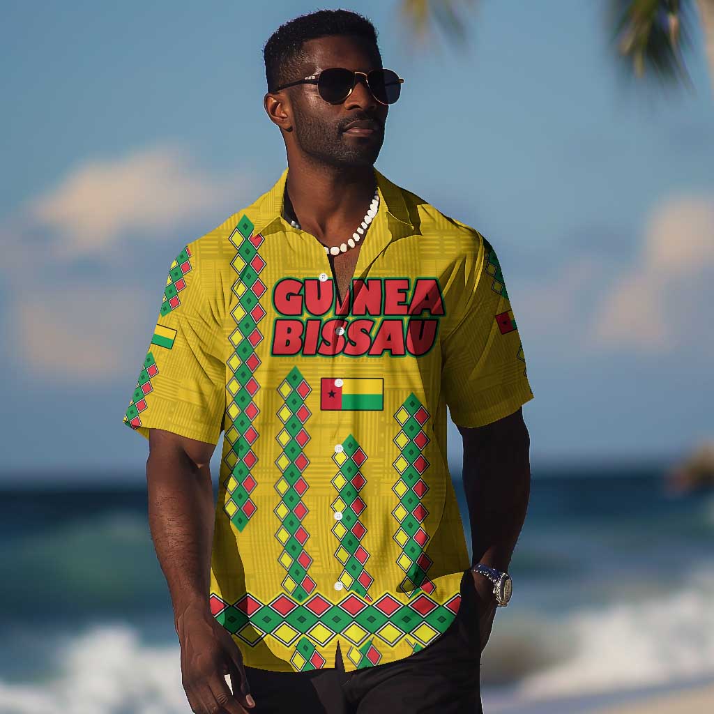 Guinea Bissau Hawaiian Shirt Yellow Tribal Geometric Design and National Flag TS04
