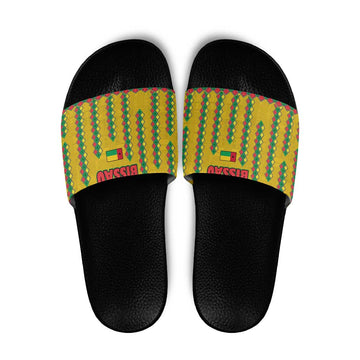 Guinea Bissau Slide Sandals with Yellow Tribal Geometric Design and National Flag TS04