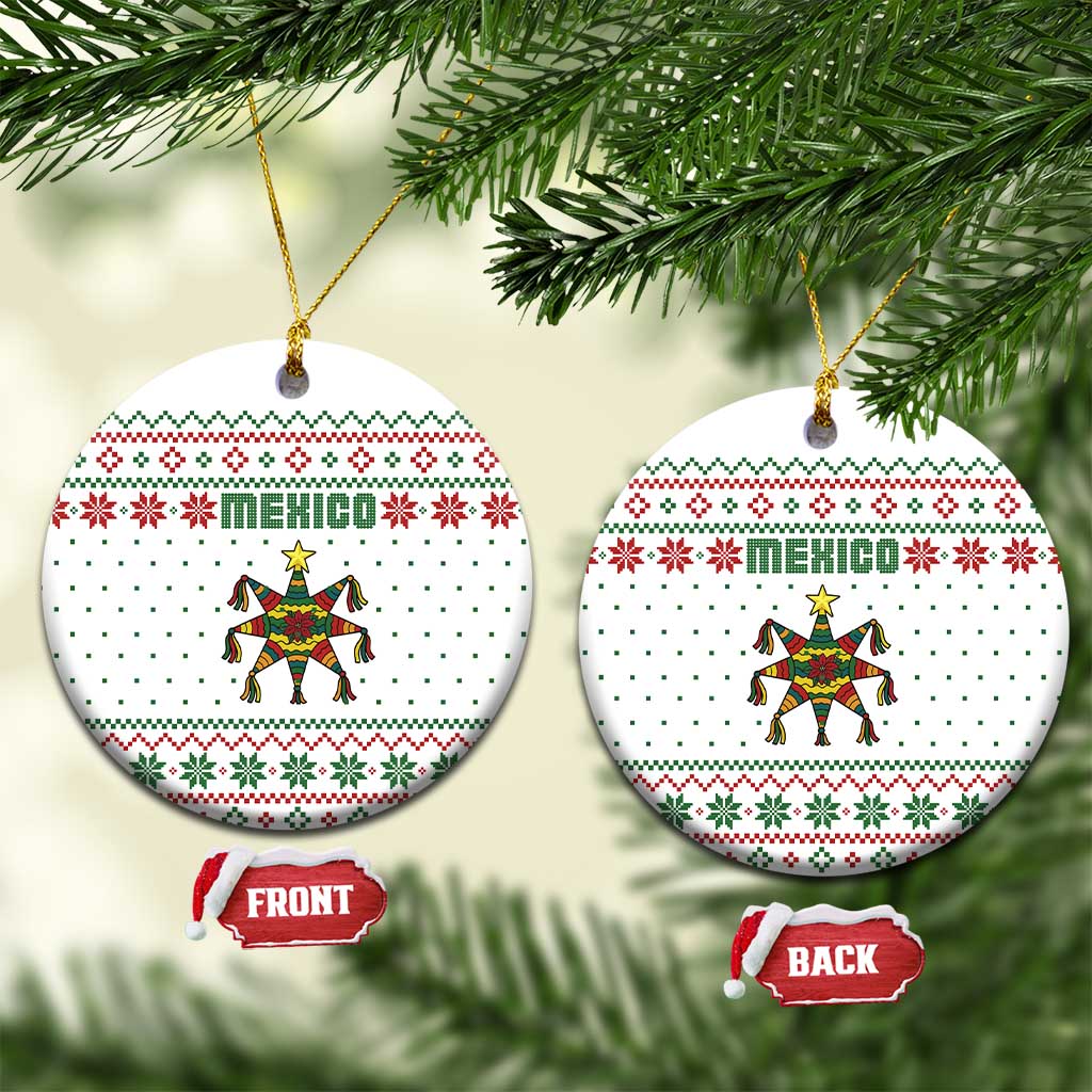 Mexico Christmas Ceramic Ornament with Piñata Star Design and Red Green Snowflake Pattern TS04