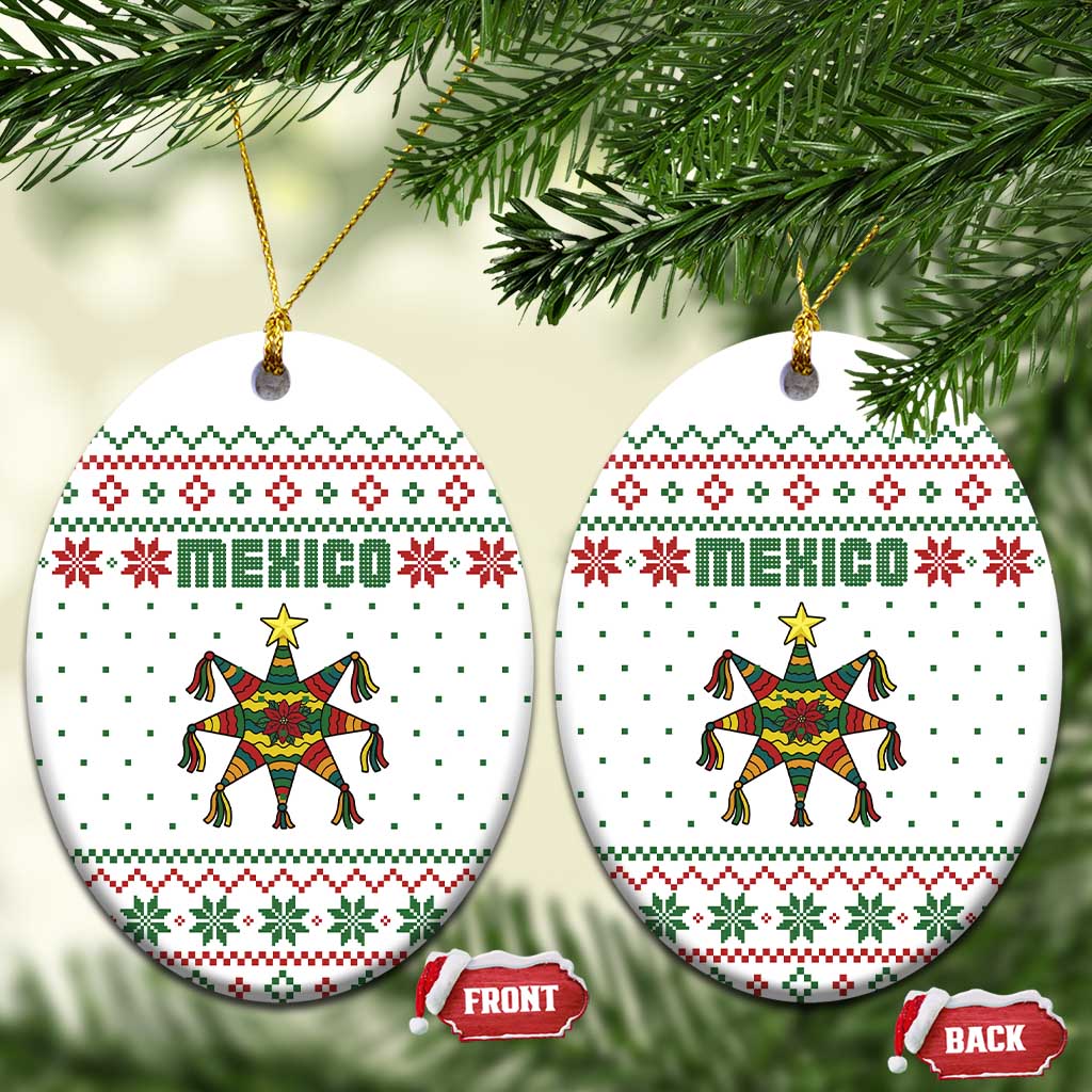 Mexico Christmas Ceramic Ornament with Piñata Star Design and Red Green Snowflake Pattern TS04