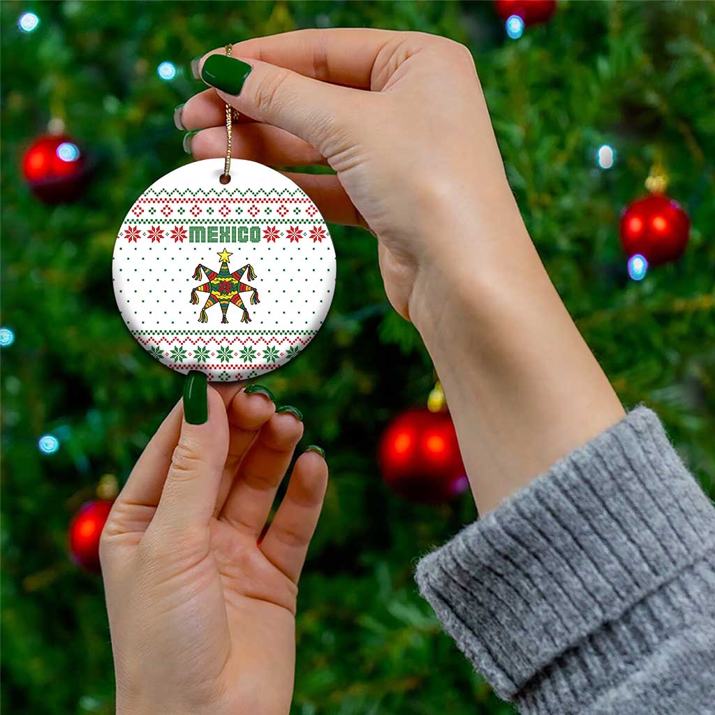 Mexico Christmas Ceramic Ornament with Piñata Star Design and Red Green Snowflake Pattern TS04