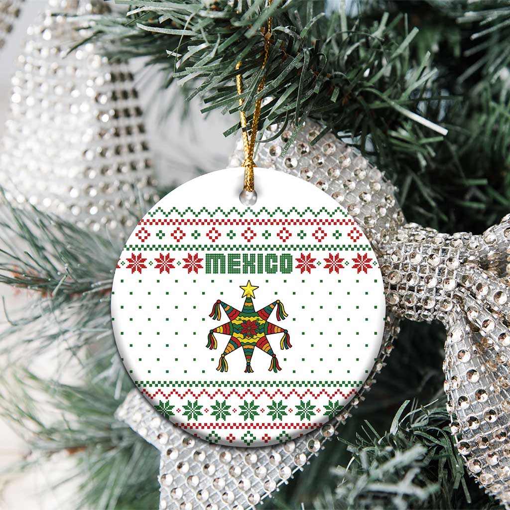 Mexico Christmas Ceramic Ornament with Piñata Star Design and Red Green Snowflake Pattern TS04