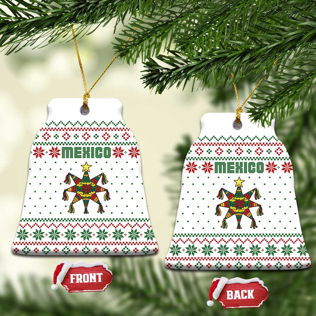 Mexico Christmas Ceramic Ornament with Piñata Star Design and Red Green Snowflake Pattern TS04