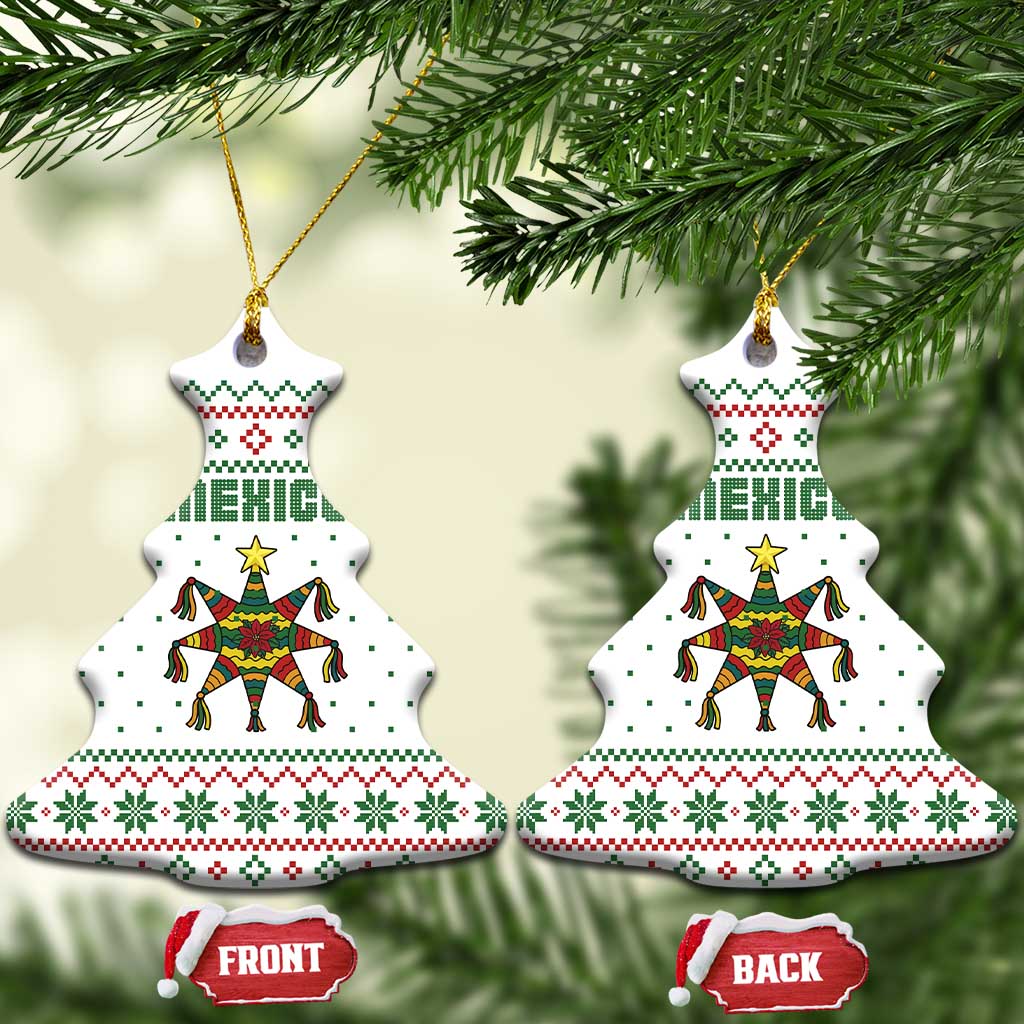 Mexico Christmas Ceramic Ornament with Piñata Star Design and Red Green Snowflake Pattern TS04