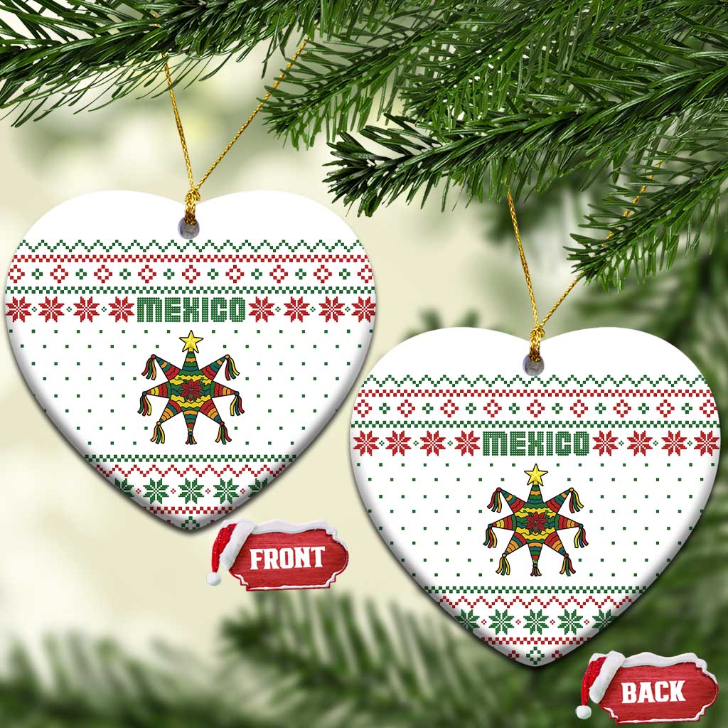 Mexico Christmas Ceramic Ornament with Piñata Star Design and Red Green Snowflake Pattern TS04