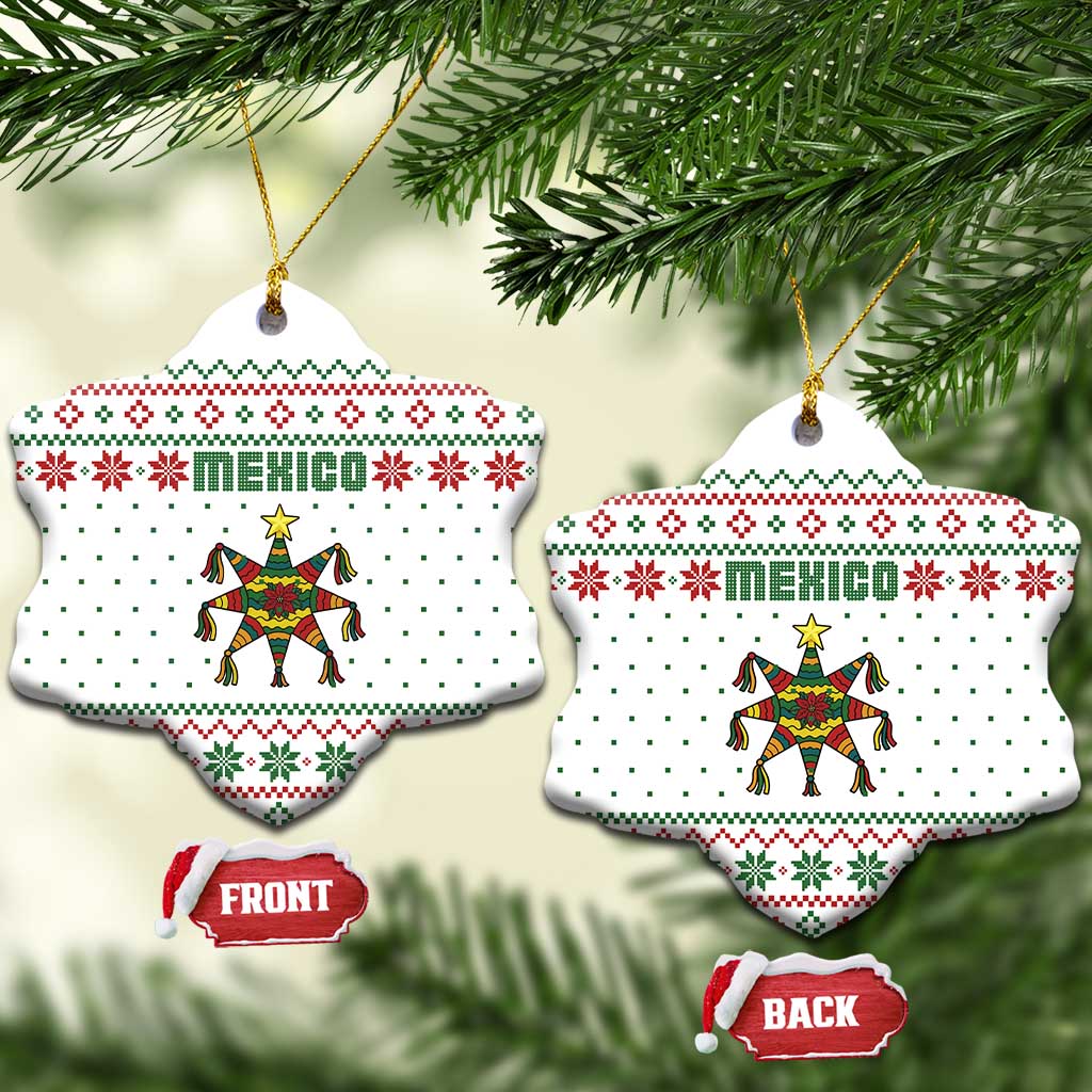 Mexico Christmas Ceramic Ornament with Piñata Star Design and Red Green Snowflake Pattern TS04