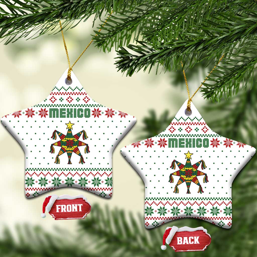 Mexico Christmas Ceramic Ornament with Piñata Star Design and Red Green Snowflake Pattern TS04