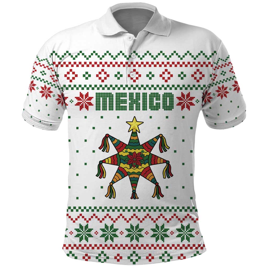 Mexico Christmas Polo Shirt with Piñata Star Design and Red Green Snowflake Pattern TS04
