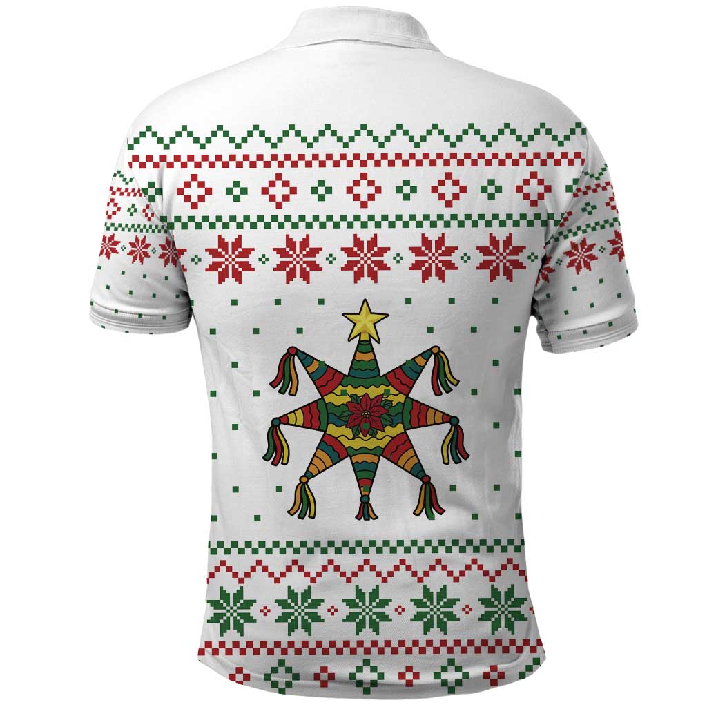 Mexico Christmas Polo Shirt with Piñata Star Design and Red Green Snowflake Pattern TS04