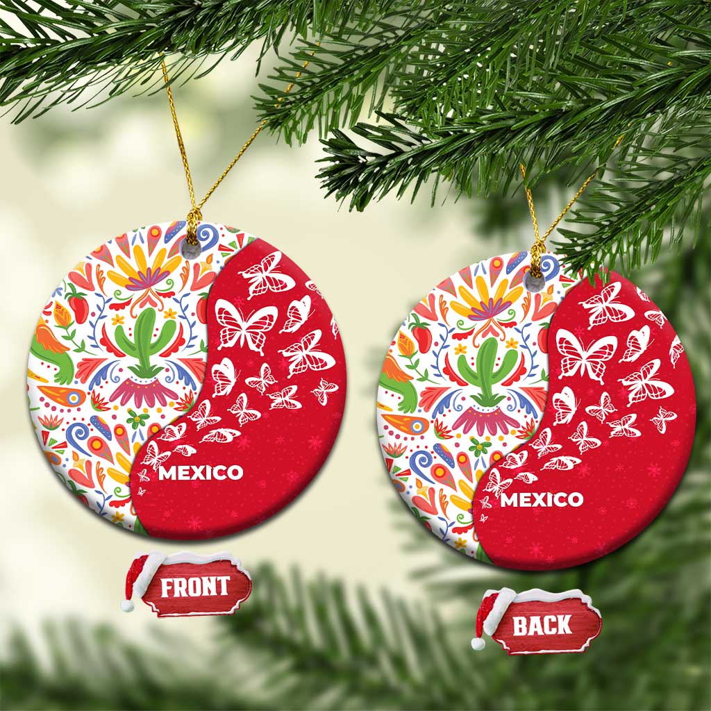 Mexico Christmas Ceramic Ornament with Butterfly Cactus and Colorful Floral Folk Art TS04