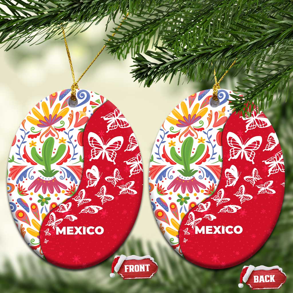 Mexico Christmas Ceramic Ornament with Butterfly Cactus and Colorful Floral Folk Art TS04