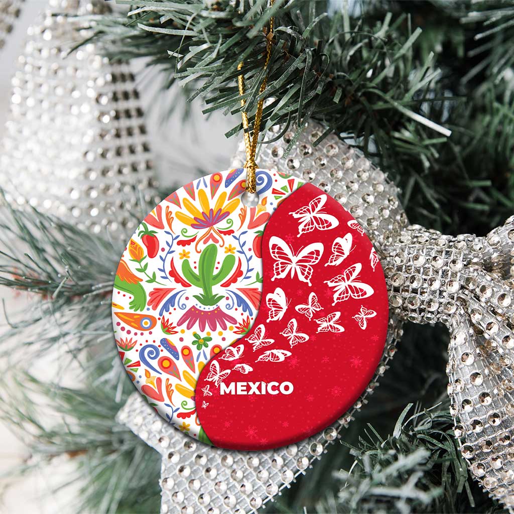 Mexico Christmas Ceramic Ornament with Butterfly Cactus and Colorful Floral Folk Art TS04