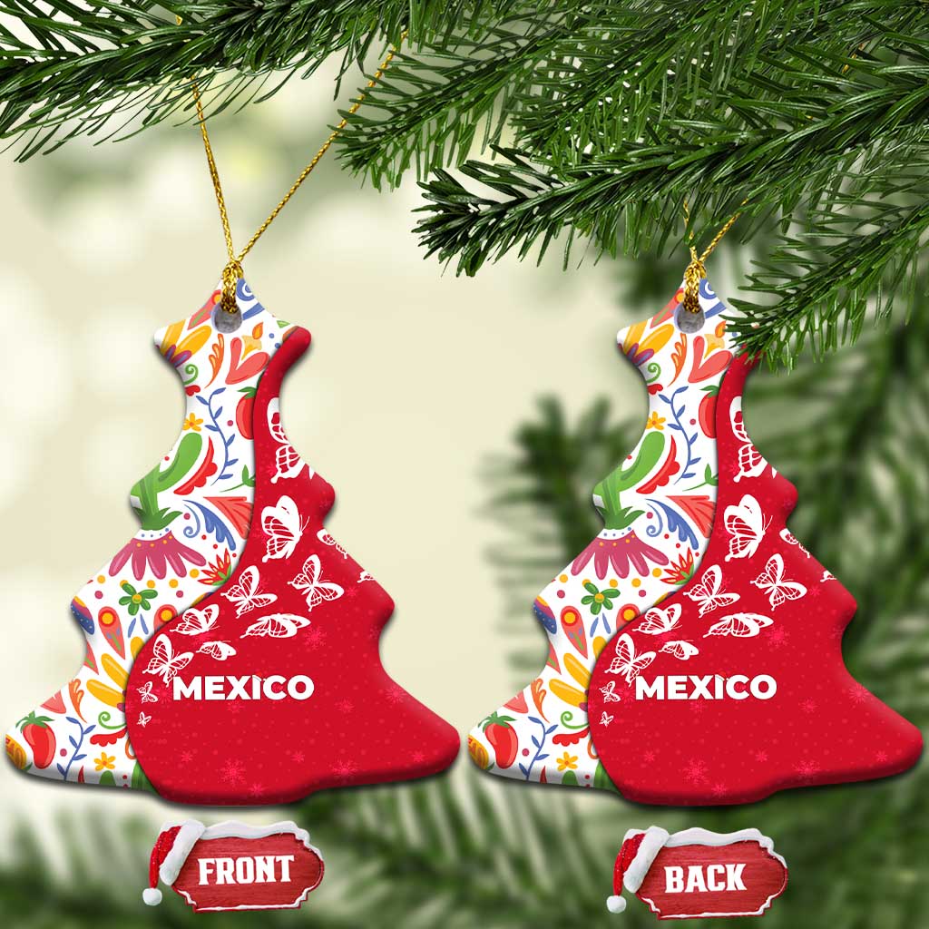 Mexico Christmas Ceramic Ornament with Butterfly Cactus and Colorful Floral Folk Art TS04