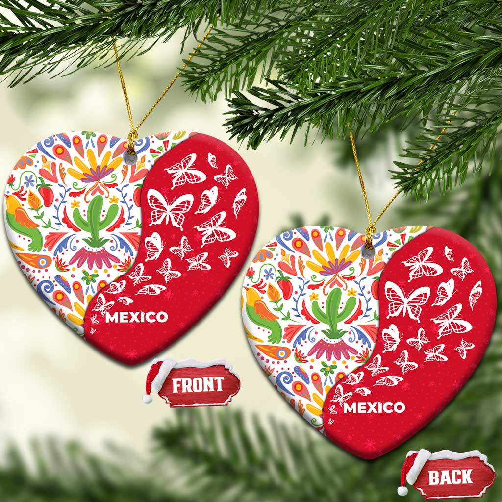 Mexico Christmas Ceramic Ornament with Butterfly Cactus and Colorful Floral Folk Art TS04